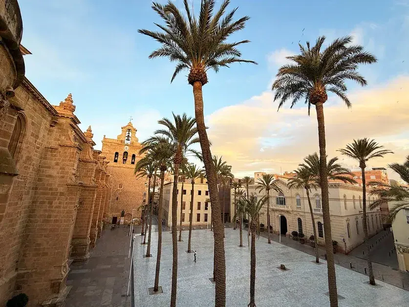 Place historique bordée de palmiers et architecture de cathédrale à Almería