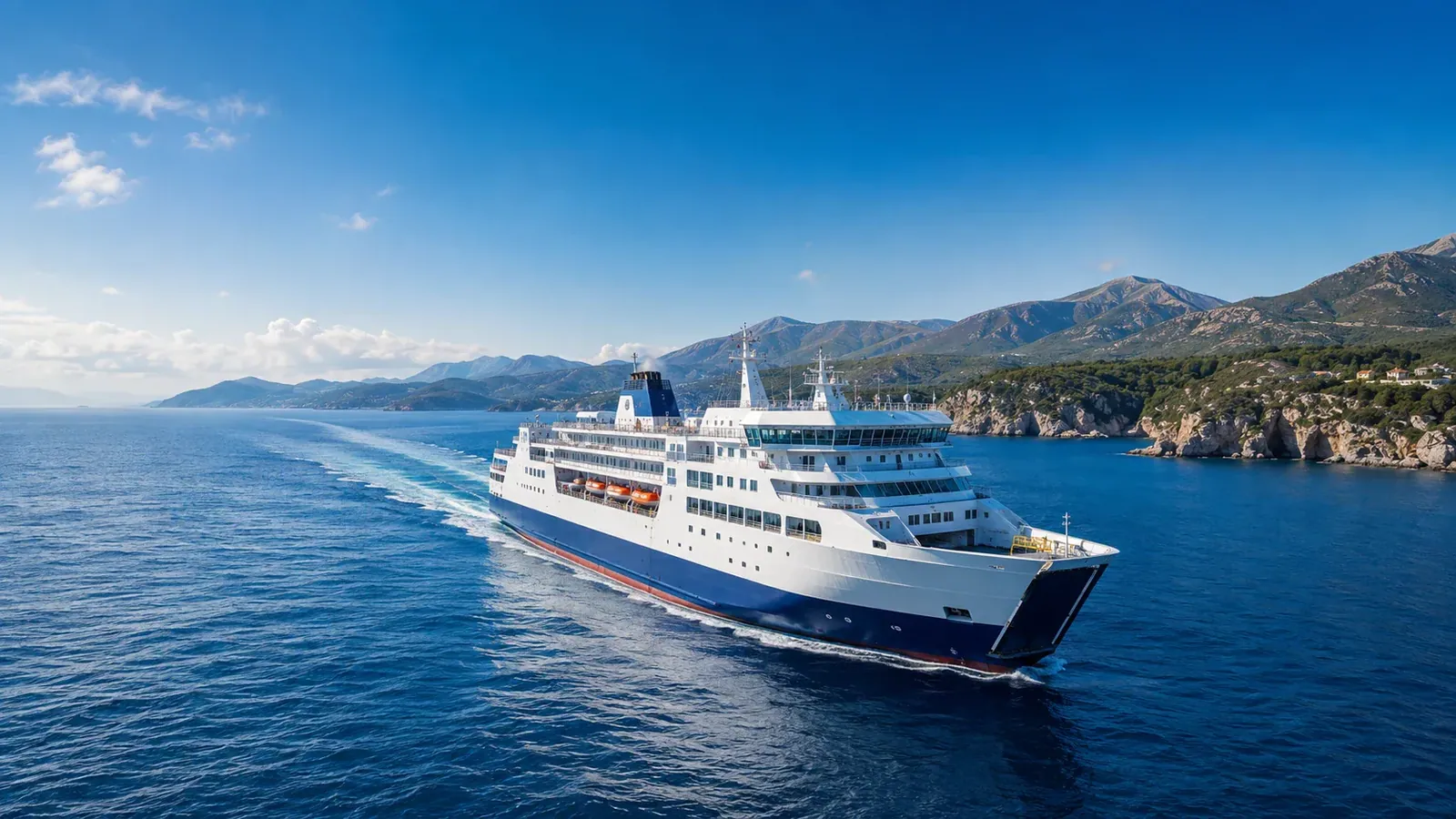Ferry traversant un paysage côtier européen pittoresque