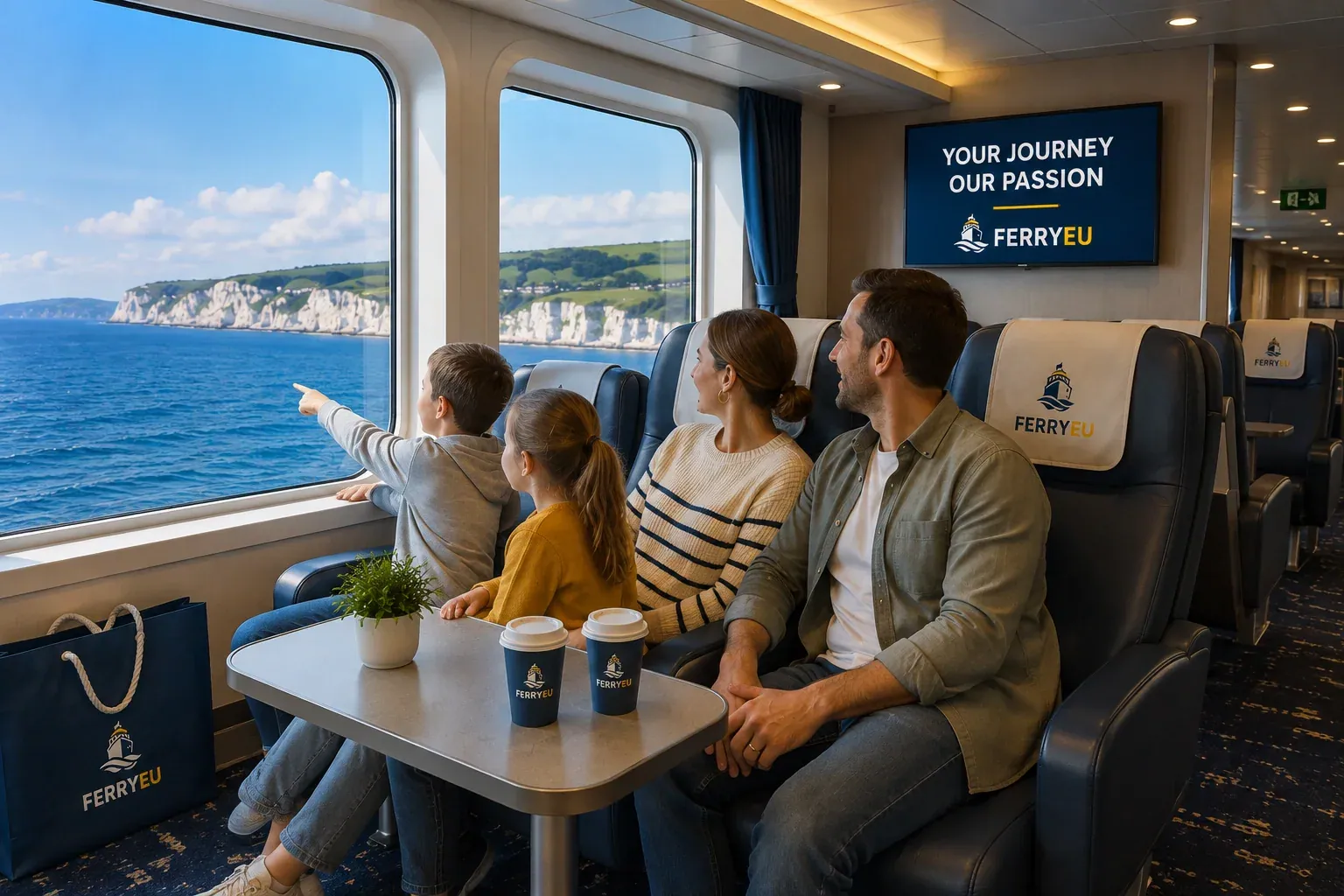 Famille se relaxant ensemble pendant un passage en ferry européen
