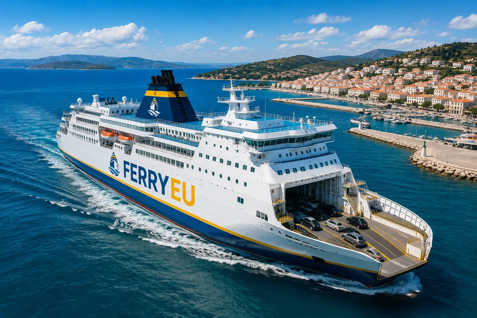 Ferry pour passagers naviguant à côté d'un port côtier européen