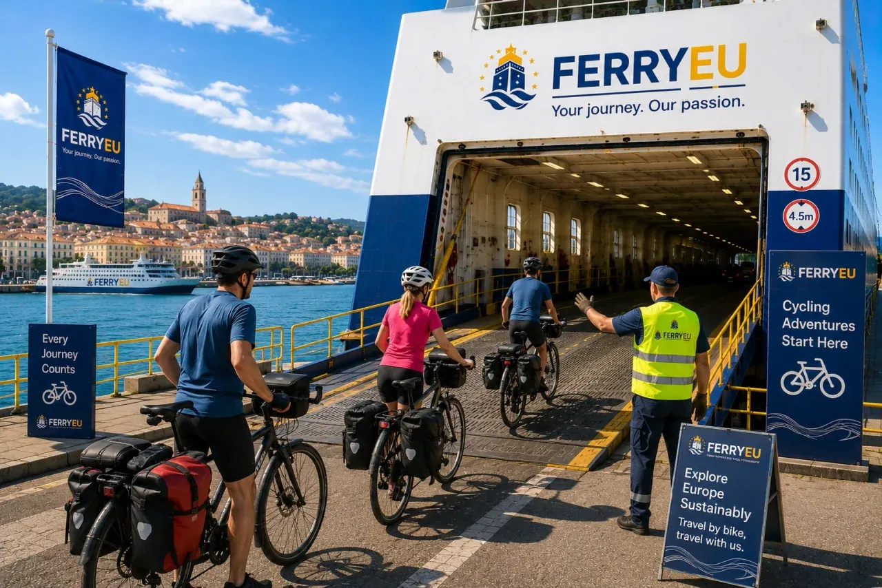 Voyageurs avec vélo près d'un ferry