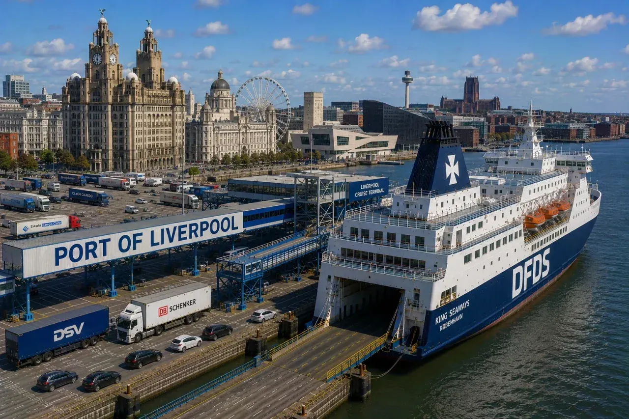 Vue aérienne du front de mer et du port de ferry de Liverpool