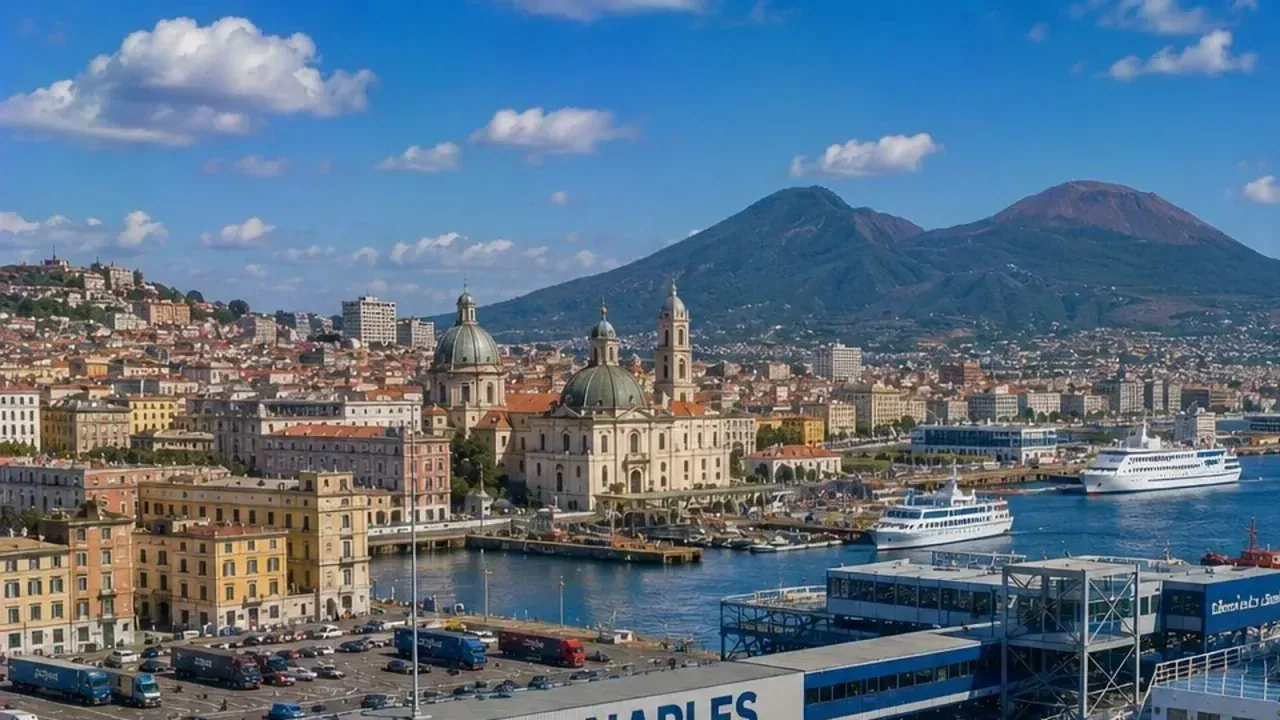 Terminal ferry de Naples avec le Mont Vésuve et le front de mer de la ville