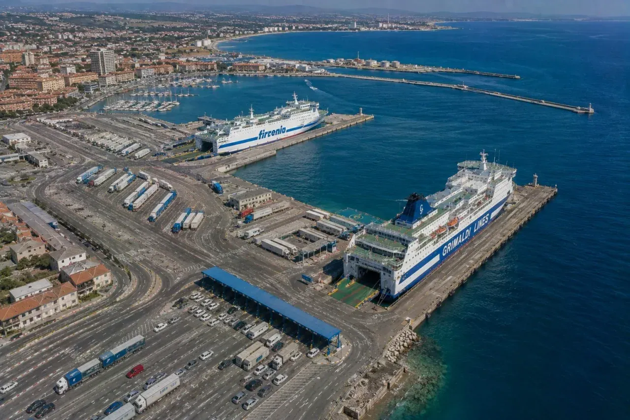 Vue aérienne du port de ferry et du terminal passagers de Porto Torres dans le nord de la Sardaigne