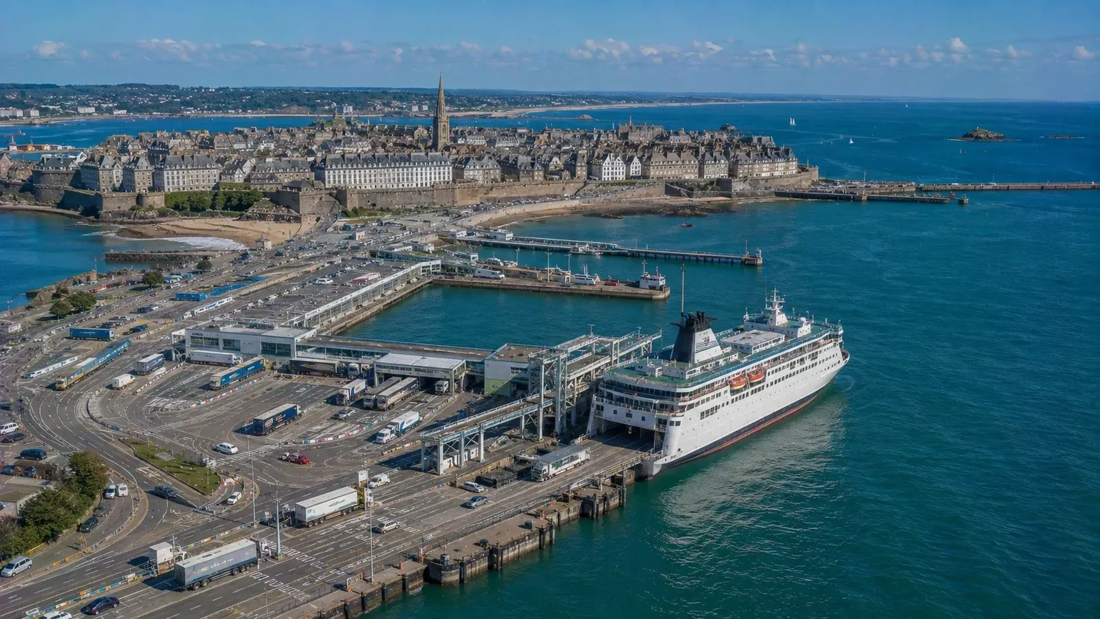 Vue aérienne du port de ferry de Saint-Malo à côté de la ville historique de Bretagne