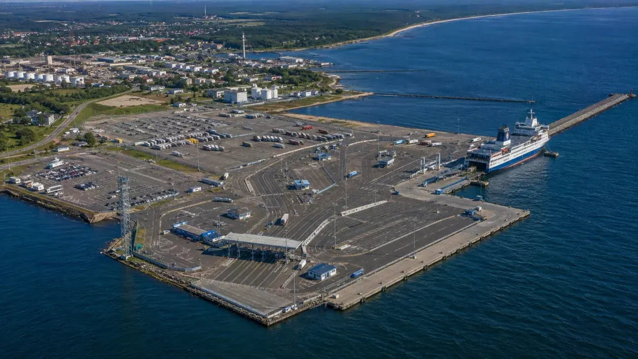Vue aérienne du terminal de ferry Ventspils sur la côte de la Baltique