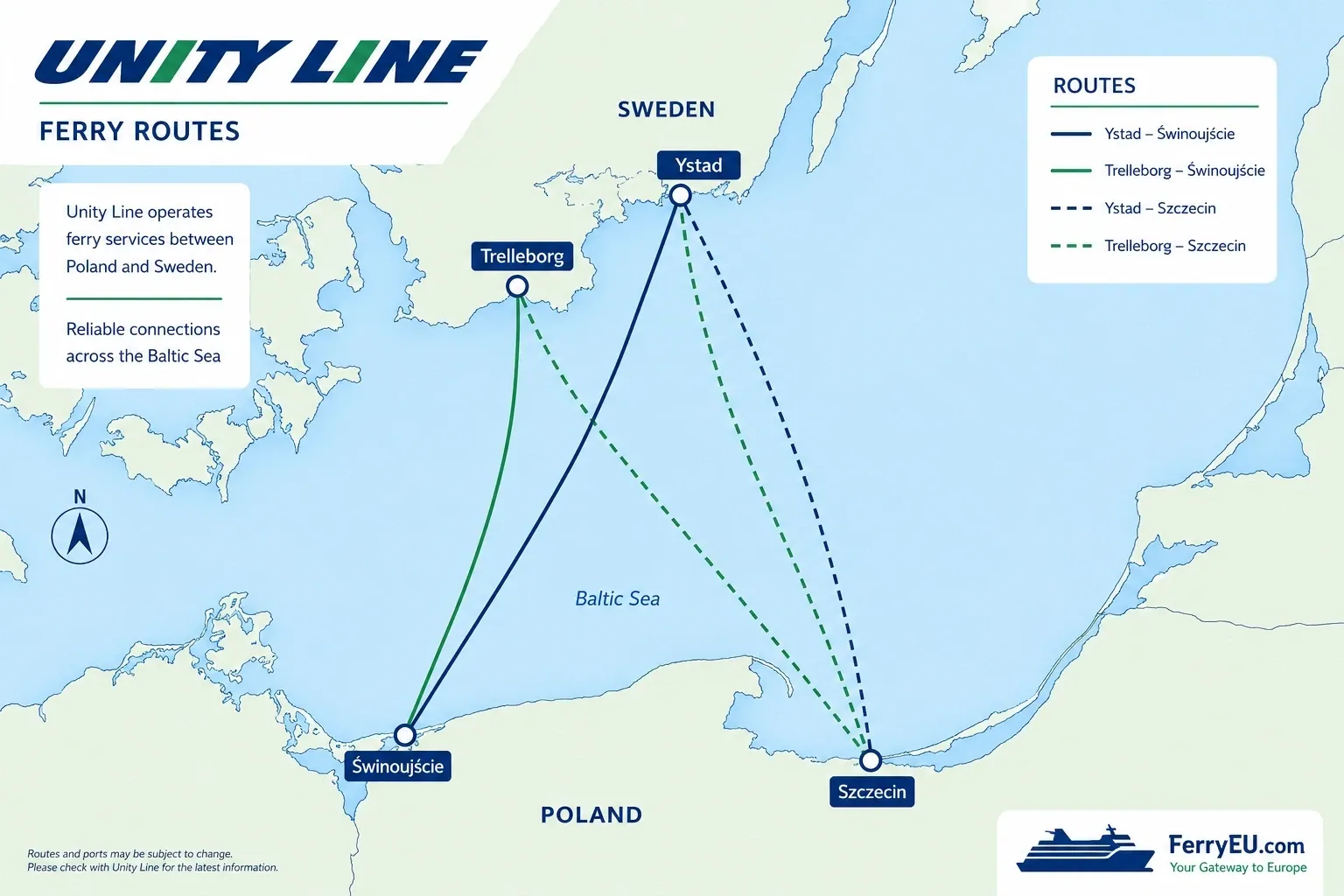 Carte illustrée des itinéraires des ferries Unity Line