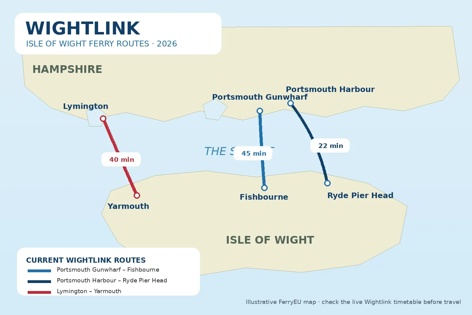 Illustré Wightlink Carte de la route de ferry de l'île de Wight