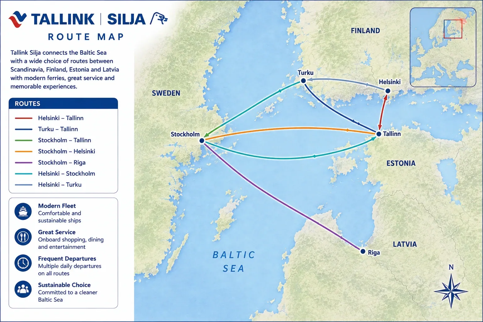 Carte d'itinéraire illustrée Tallink Silja Line